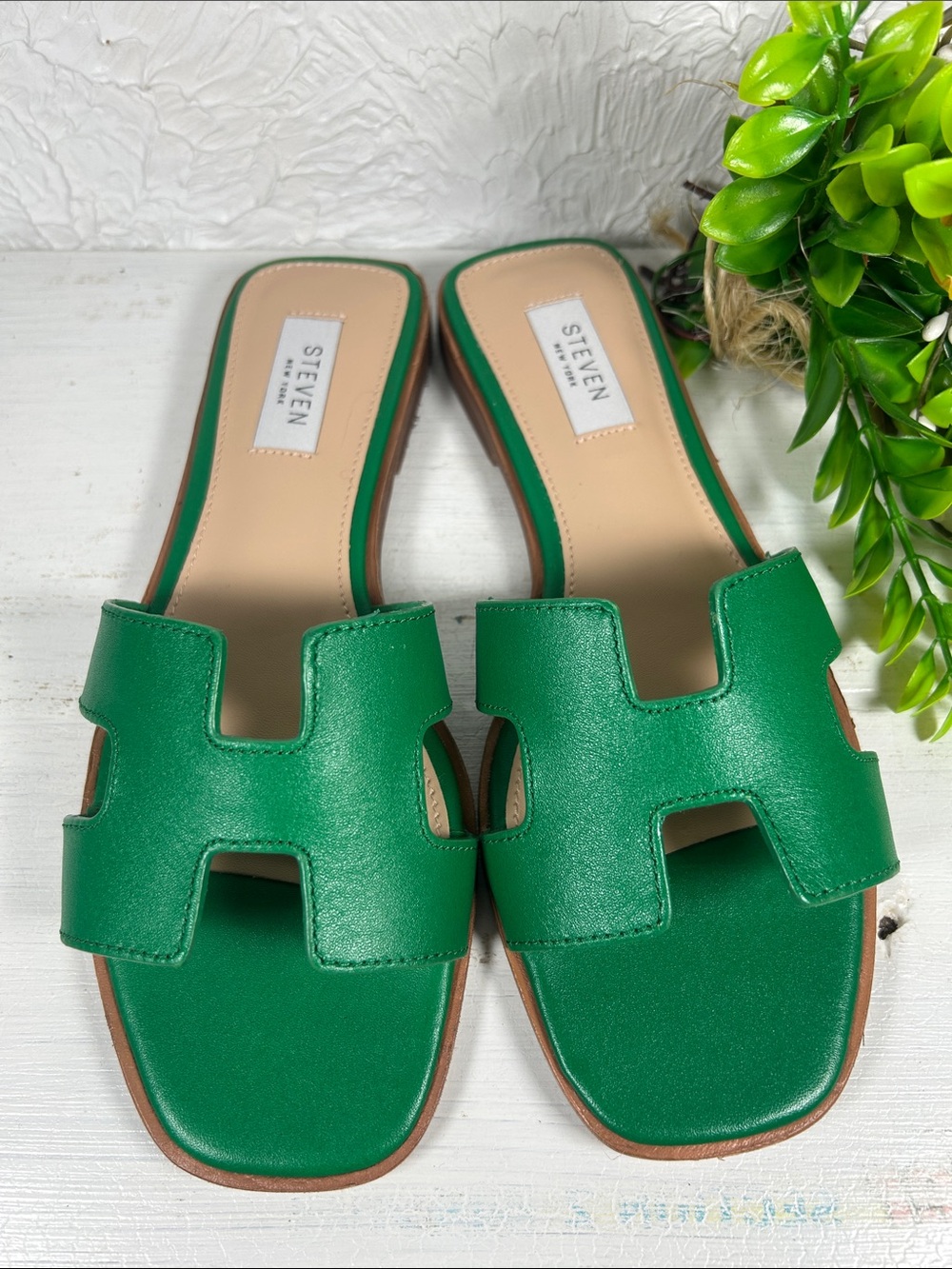 🆕Steven New York HADYN Green Leather Slide In Mules Flat Sandal NWTBoxed - Picture 2 of 16